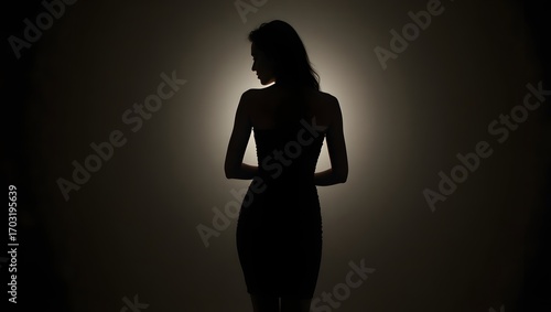 A woman’s silhouette wearing a form-fitting dress, backlit to create dramatic shadows that accentuate the curves and elegance of her body.