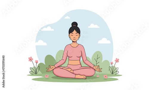 A woman in pink sportswear meditates in a serene outdoor setting, promoting wellness and mindfulness with a minimalist, vector art style and peaceful ambiance.