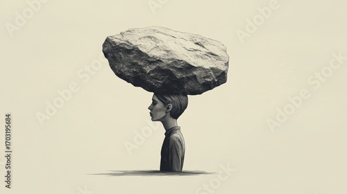 A person's head weighed down by a heavy stone, symbolizing the burden of stress and depression, 