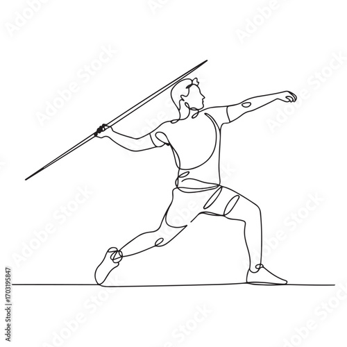 One continuous line Art drawing of young sporty man exercise to run stance before throw javelin on the field. Athletic games. with white background