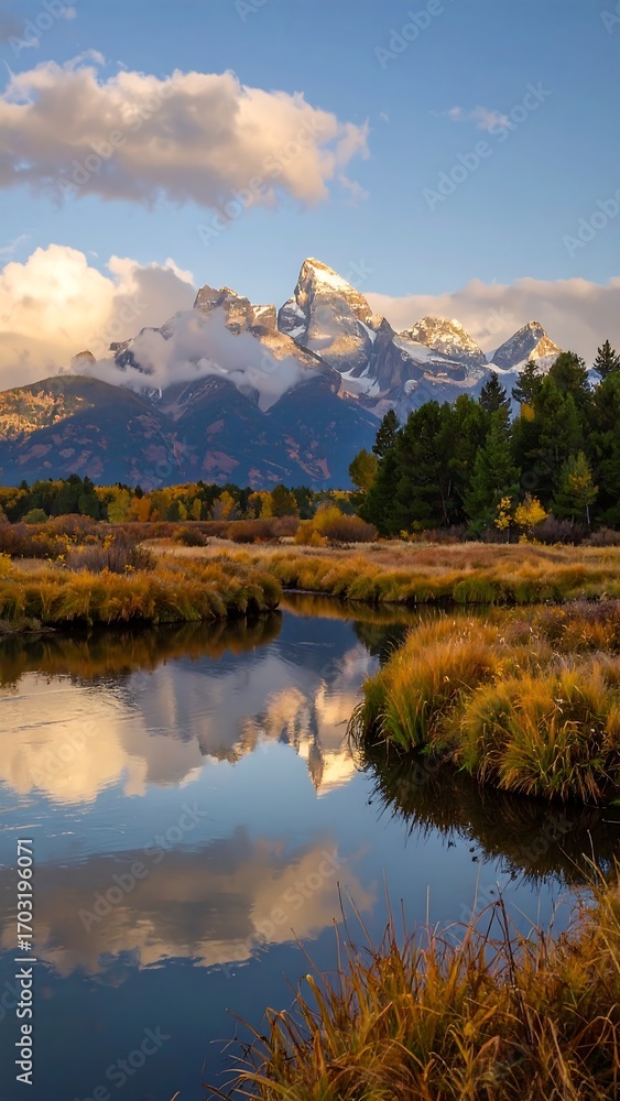 Obraz premium Mountain reflection in autumnal marsh