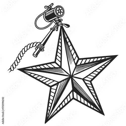 Detailed illustration of a nautical star with a telescope and rope.