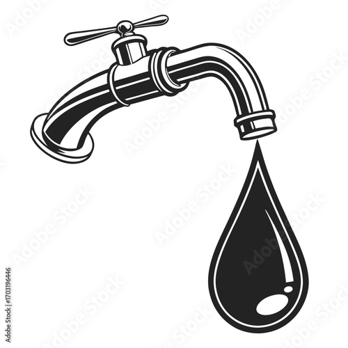 Vintage Faucet with Dripping Water Drop Illustration.