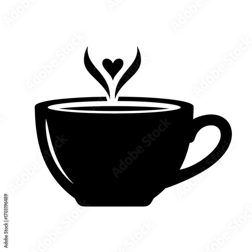 Black silhouette of a coffee cup with steam forming a heart