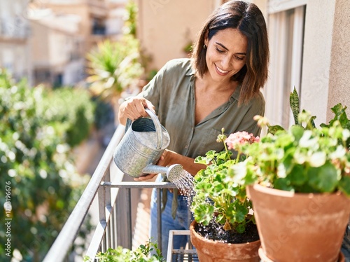 Woman watering plants on a balcony - Urban gardening and lifestyle