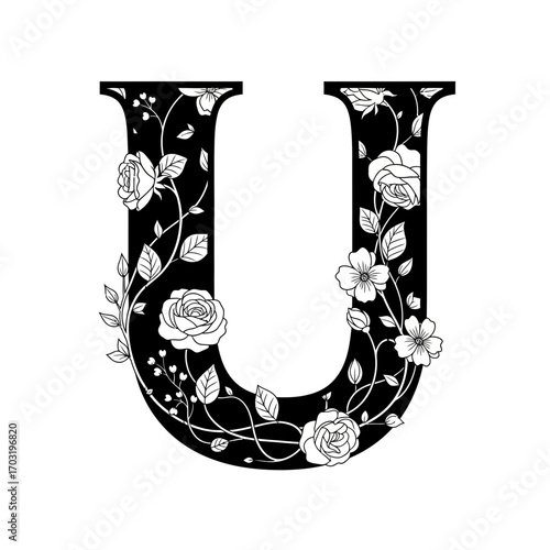 Elegant letter u adorned with delicate roses and leaves