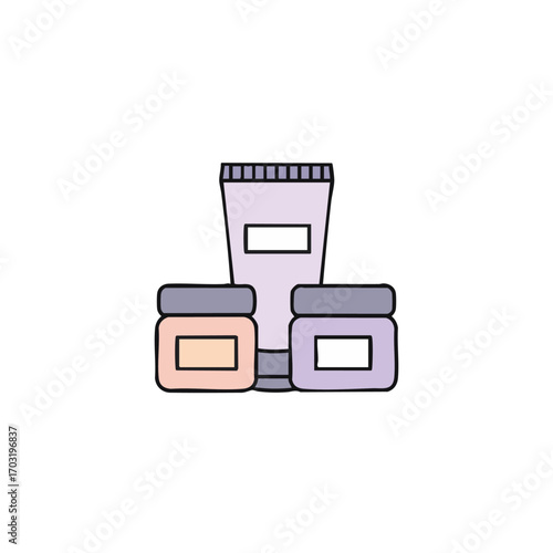 A clean vector illustration displays an assortment of pastel cosmetic containers, featuring a lotion tube and two cream jars, ideal for beauty and skincare branding.