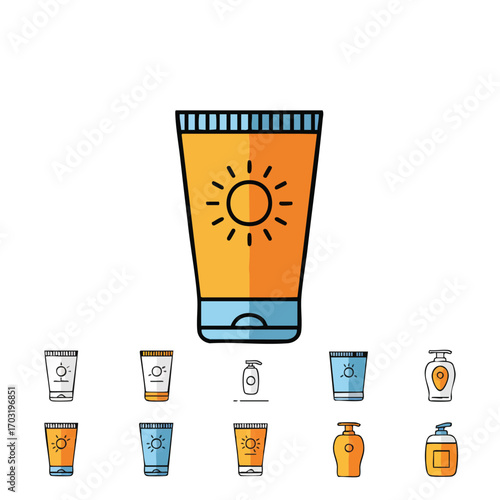 A vibrant collection of modern flat-design icons featuring various sunscreen and lotion bottles, perfect for summer skincare and beach protection concepts.
