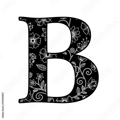 Elegant black letter b decorated with white floral patterns