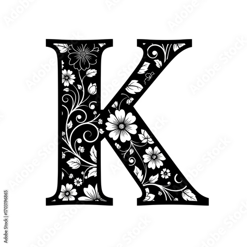 Elegant black letter k with white floral ornaments and swirls