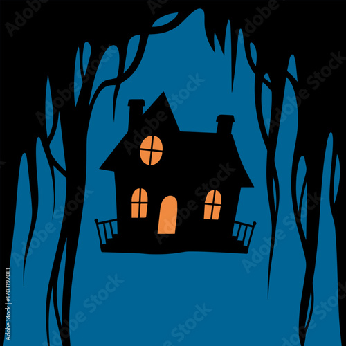 Halloween fright night vector background with spooky haunted house