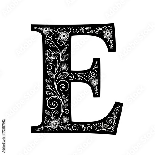 Elegant black letter e with white floral and vine ornamentation
