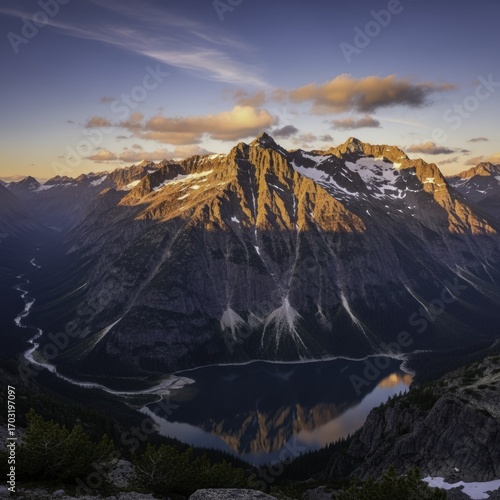 Majestic Mountain Landscape at Golden Hour: Snow-Capped Peaks Reflected in a Tranquil Alpine Lake with a Winding River and Vibrant Sky at Sunset.