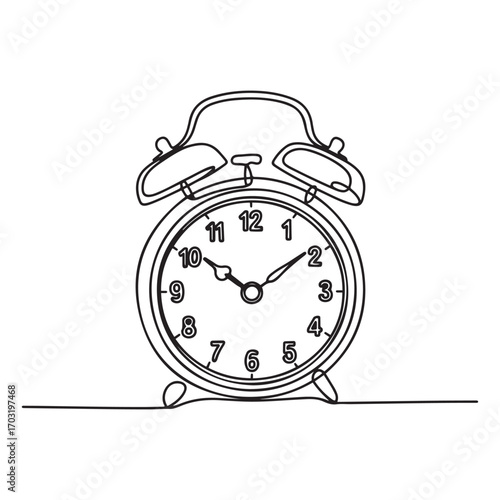 One continuous line Art drawing of classic analog desk alarm clock with big ring bell to tell the time. with white background