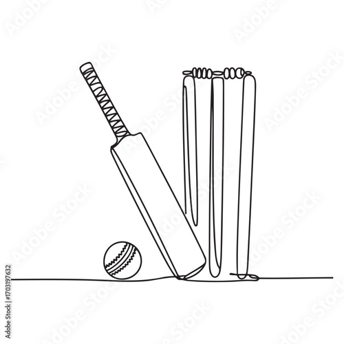 Continuous one line Art drawing cricket bat, ball, and wicket stumps isolated on white. Set equipment for cricket game. with white background
