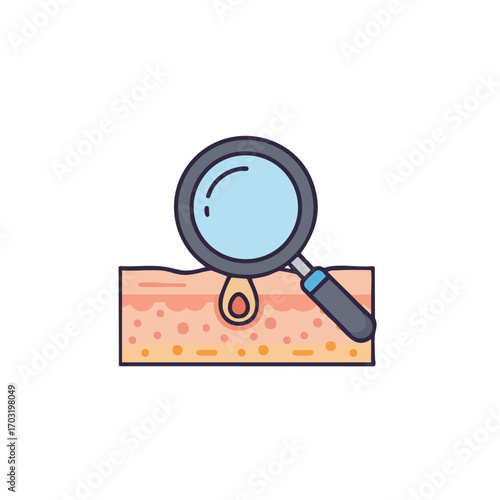 A magnifying glass meticulously scrutinizes a cross-section of human skin, revealing an inflamed pore and hair follicle, symbolizing dermatological concerns and detailed analysis.