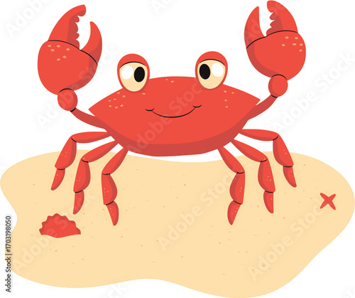 Red crab standing on sand in cartoon flat vector design for summer season