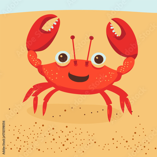 Red crab standing on sand in cartoon flat vector design for summer season