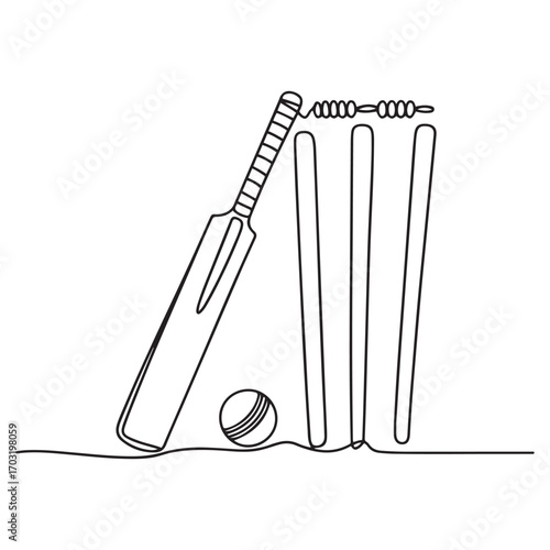 Continuous one line Art drawing cricket bat, ball, and wicket stumps isolated on white. Set equipment for cricket game. with white background