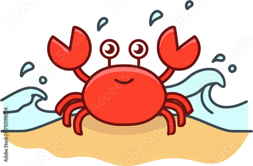 Red crab standing on sand in cartoon flat vector design for summer season