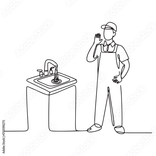 Continuous one line Art drawing plumber with call me gesture ready to work on repairing the leaking drain in sink and house's drains. with white background
