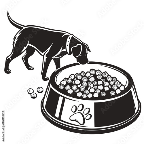 Dog eagerly approaches food bowl filled with nutritious kibble ready to eat.