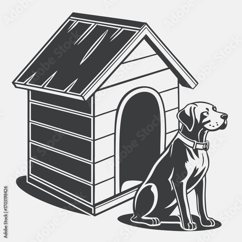Dog sitting next to a doghouse, black and white illustration.