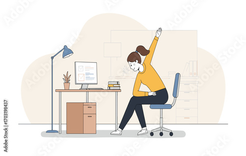A woman stretches her body while sitting at her desk in an office, promoting well-being and flexibility during the workday.