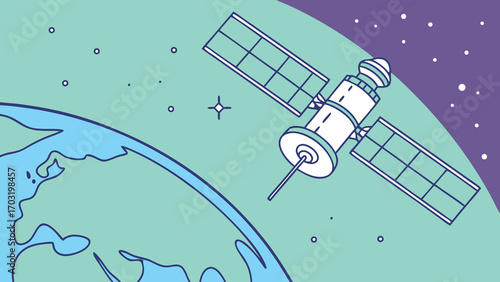 Satellite orbiting Earth transmitting data for global communication systems.