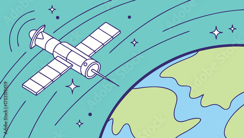 Satellite orbiting Earth in space, transmitting data and signals.
