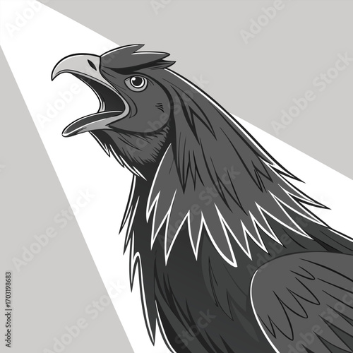 Majestic black rooster with open beak and detailed feathers in striking illustration.