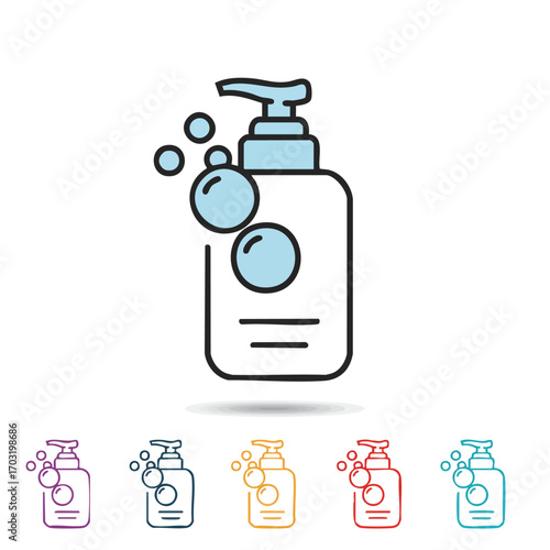 A vibrant collection of line art illustrations depicting soap dispensers with playful bubbles, perfect for hygiene and personal care concepts.