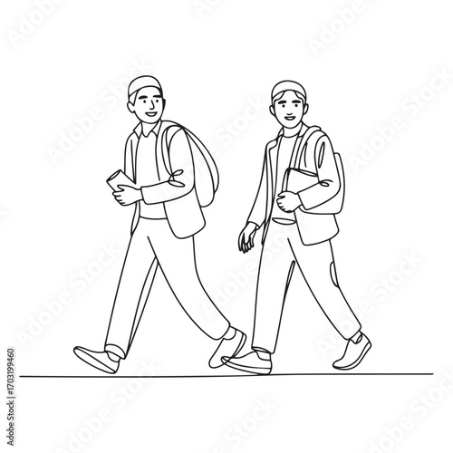 One single line Art drawing of young happy male muslim workers walking in a hurry to catch the bus. with white background
