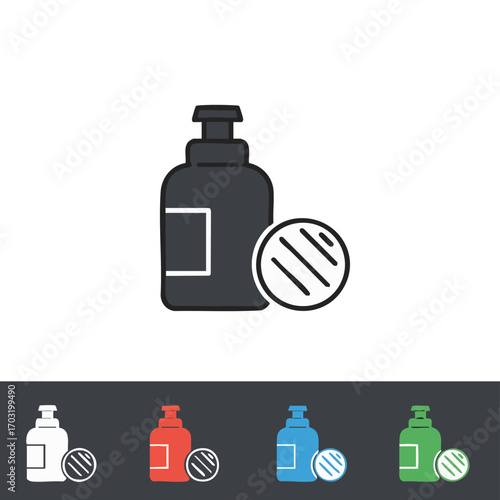 A sleek, minimalist icon depicting a pump dispenser bottle alongside a soft cotton pad, symbolizing beauty, skincare, and daily hygiene routines.