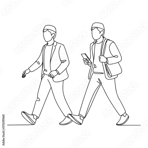 One single line Art drawing of young happy male muslim workers walking in a hurry to catch the bus. with white background