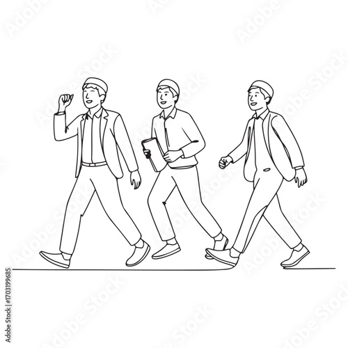 One single line Art drawing of young happy male muslim workers walking in a hurry to catch the bus. with white background