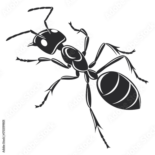 Detailed black and white illustration of an ant insect creature.