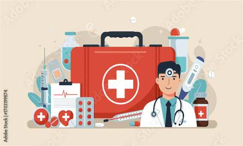 A cheerful illustration depicts a doctor with medical supplies, including a first aid kit, pills, and various healthcare elements, promoting health and medicine.