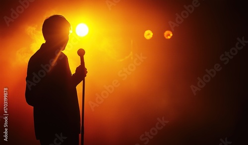 Silhouette of man holding microphone on stage with orange and yellow lighting and fog in background representing concept of stand up comedy performance