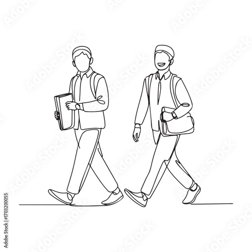 One single line Art drawing of young happy male muslim workers walking in a hurry to catch the bus. with white background