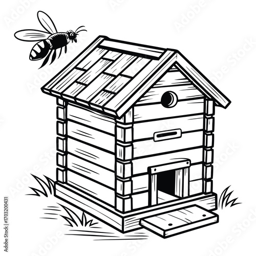 Wooden Beehive with a Bee in Flight.