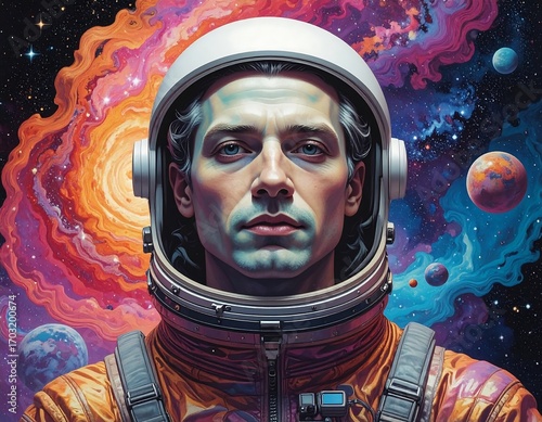 Portrait of a man in a spacesuit, cosmic backdrop