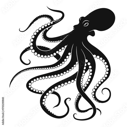 Stylized Black Octopus with Winding Tentacles and Suction Cups.