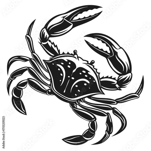 Detailed black and white illustration of a crab with prominent claws.
