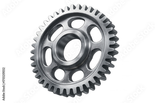 Metallic gear wheel spinning, representing mechanical engineering precision against clean transparent backdrop