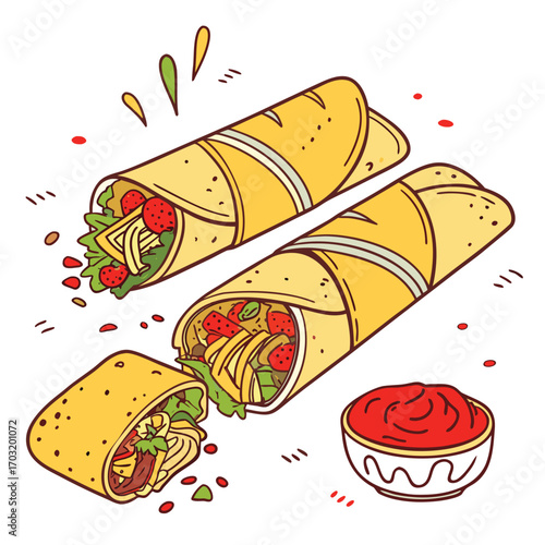Burritos vector design – Mexican wrap food with tortilla, beans, and meat illustration