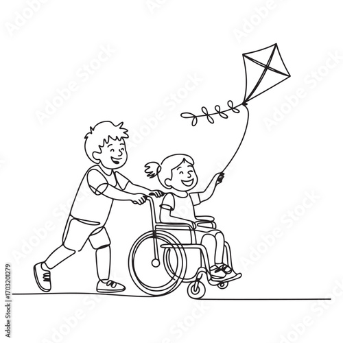 Continuous one line Art drawing happy child disabled concept. Hand drawn boy pushing little girl in wheel chair with flying kite. with white background