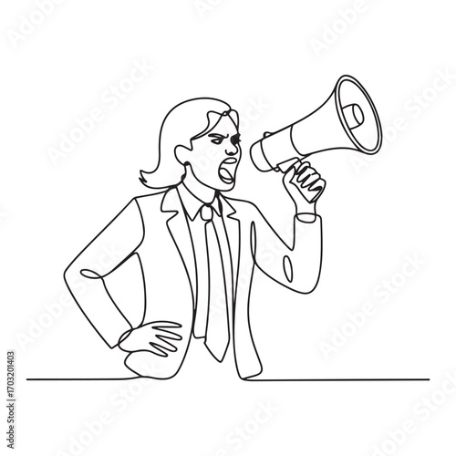 Single continuous line Art drawing of young angry businesswoman shouting loudly using megaphone to train her speak. with white background