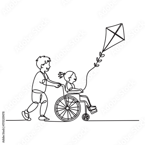 Continuous one line Art drawing happy child disabled concept. Hand drawn boy pushing little girl in wheel chair with flying kite. with white background