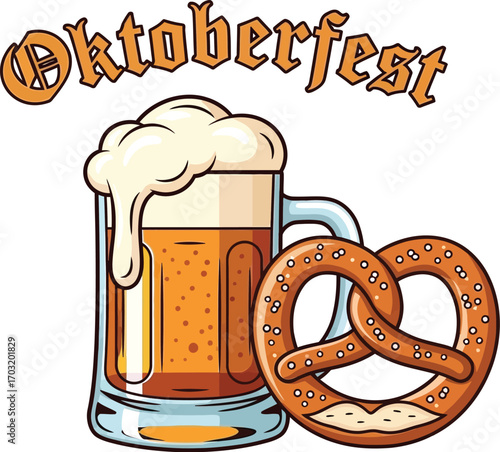 Oktoberfest illustration featuring a beer mug with foam and a pretzel celebrate the annual festival